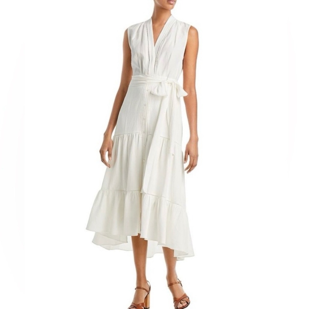 Kobi Halperin Anna Belted Shirt‎ Dress Linen Blend Tiered Sleeveless Midi Large